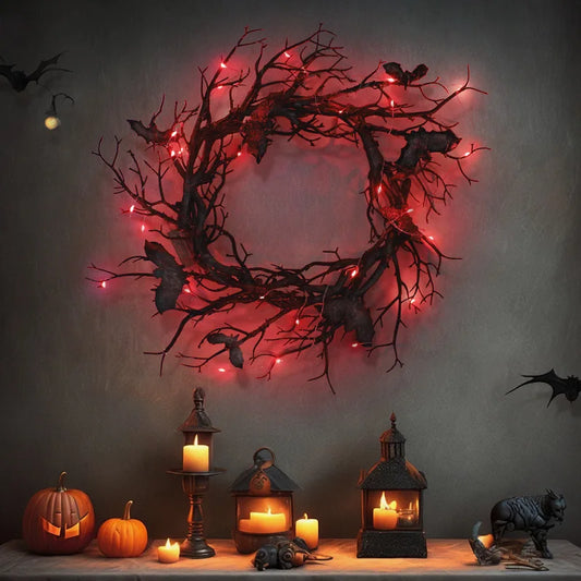Halloween Black Bat Branch Wreath with Red LED Lights