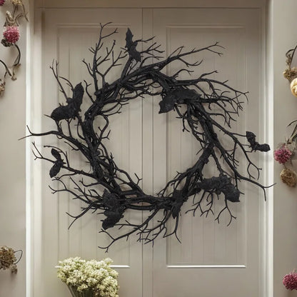 Halloween Black Bat Branch Wreath with Red LED Lights